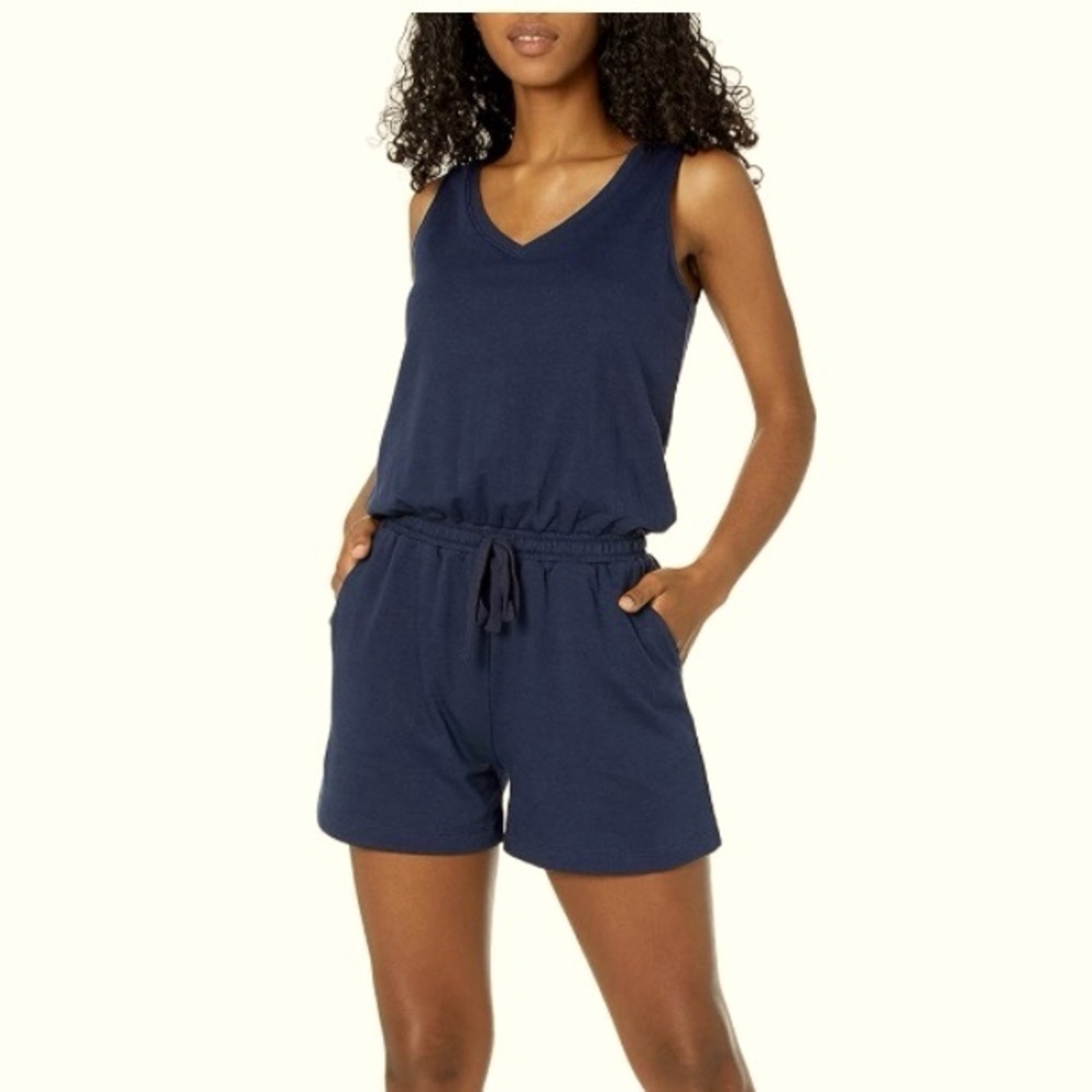 NWT Daily Ritual Women's size L Supersoft Terry Short-Sleeve V-Neck Romper Navy